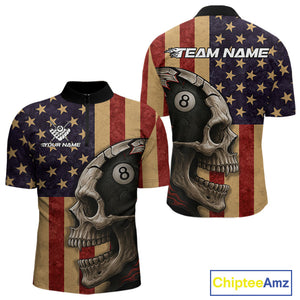 Vintage American Flag Skull Billiard Shirt For Men Custom 8 Ball Patriotic Pool Team Jerseys TDM4156