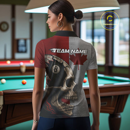 Personalized Grunge Canada Flag Skull Billiard Shirt For Women, 8 Ball Patriotic Pool Team Jerseys TDM4157