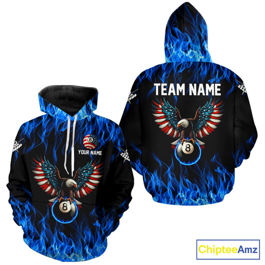 Blue Flaming American Flag Eagle 8 Ball Hoodie Custom Patriotic Billiard Hoodie Pool Team Shirt TDM4328