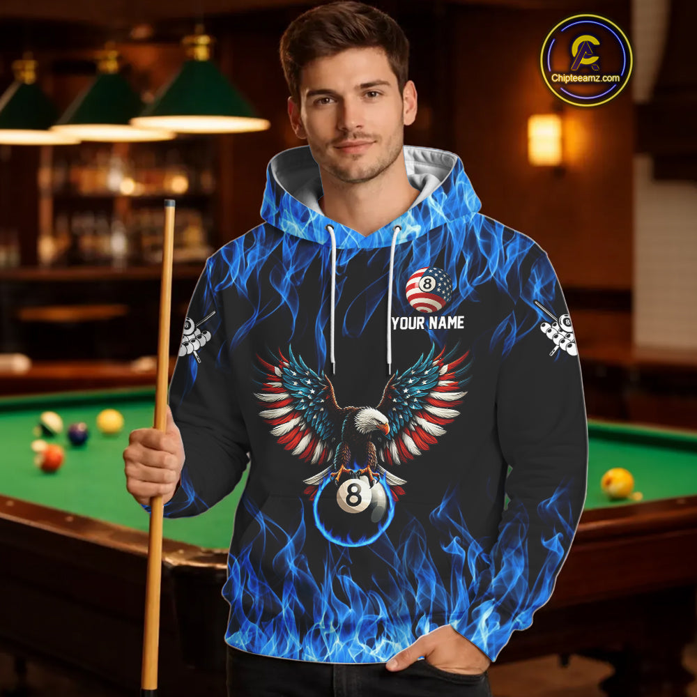 Blue Flaming American Flag Eagle 8 Ball Hoodie Custom Patriotic Billiard Hoodie Pool Team Jersey TDM4328