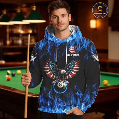 Blue Flaming American Flag Eagle 8 Ball Hoodie Custom Patriotic Billiard Hoodie Pool Team Jersey TDM4328