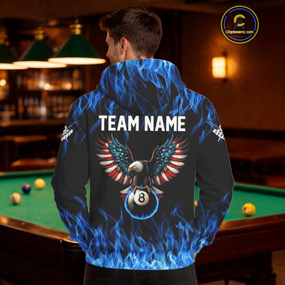 Blue Flaming American Flag Eagle 8 Ball Hoodie Custom Patriotic Billiard Hoodie Pool Team Jersey TDM4328