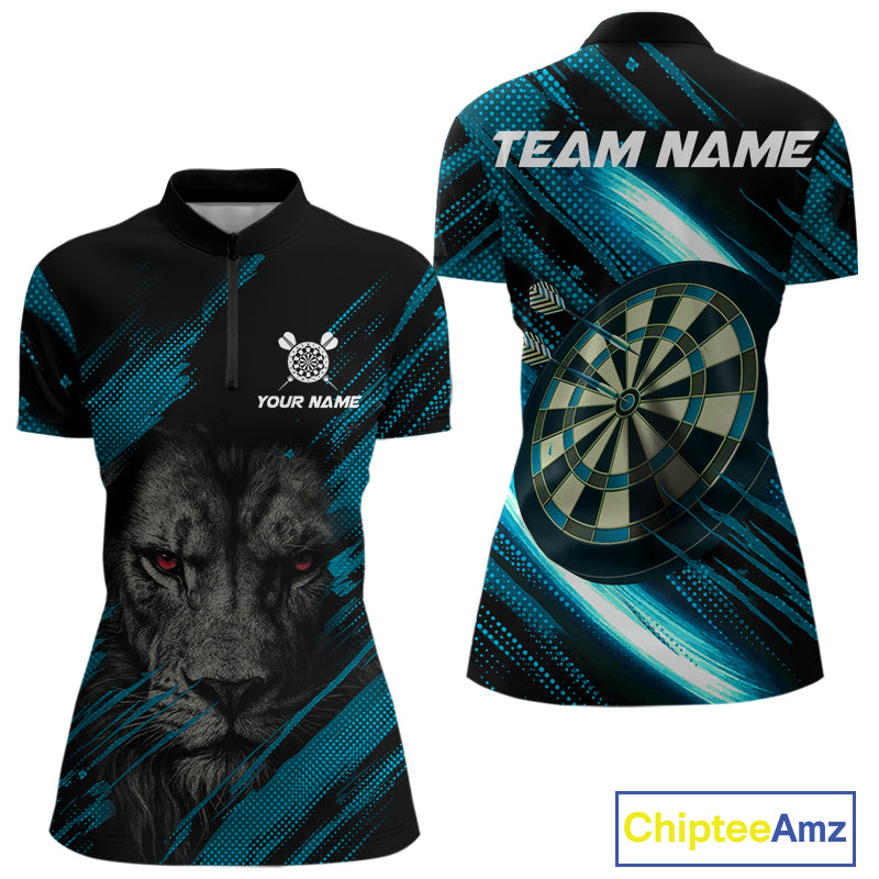 Personalized Cyan & Black Lion Darts Shirt For Women Custom Light Dartboard Jersey Polo & 1/4 Zip TDM4335