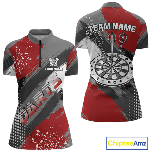 Personalized Red And Grey Grunge Darts Shirt For Women Custom Darts Jerseys Team Polo & Quarter Zip TDM4337