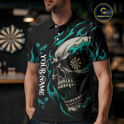 Personalized Turquoise Flaming Skull Darts Shirt For Men Custom Darts Jersey Team Polo & 1/4 Zip TDM4763