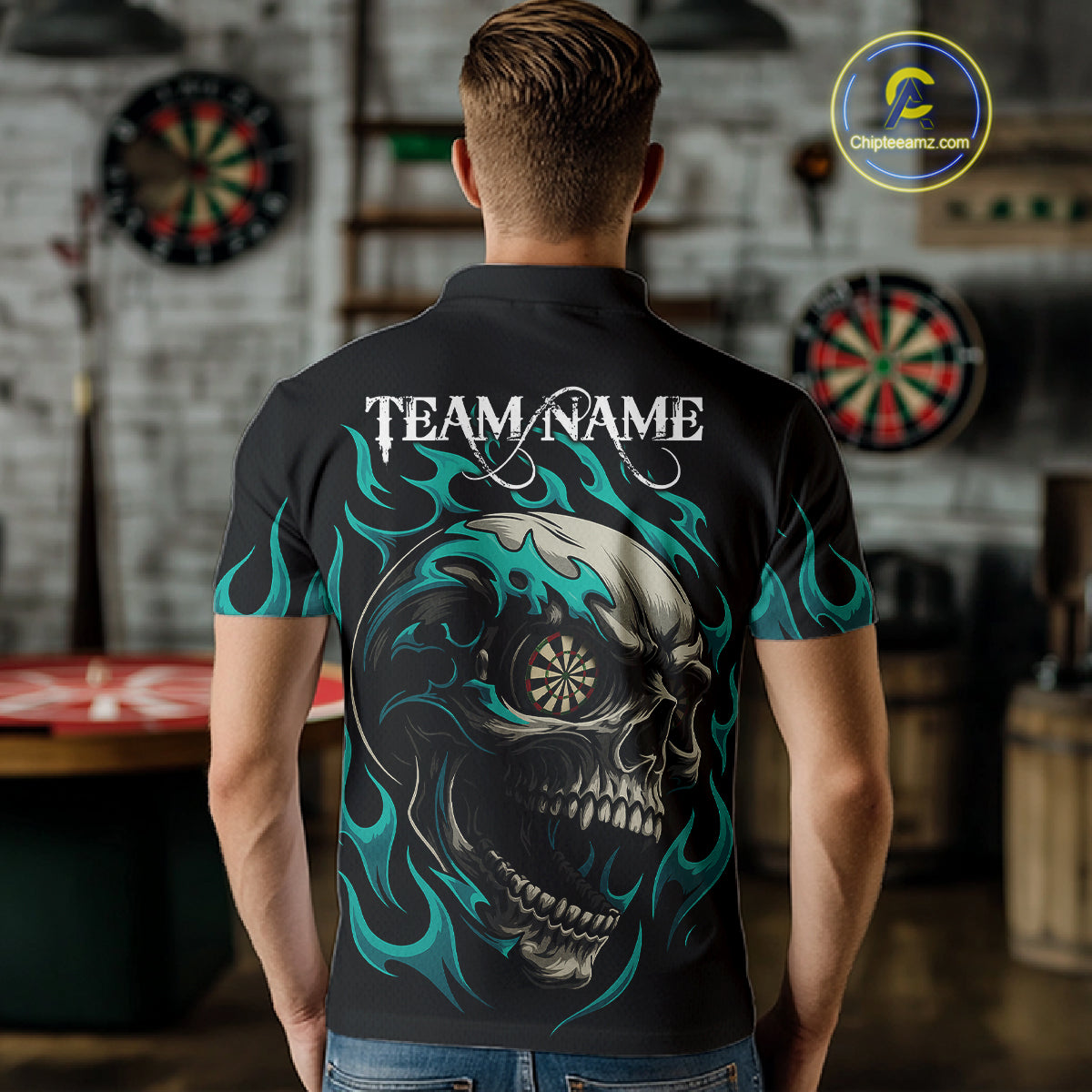Personalized Turquoise Flaming Skull Darts Shirt For Men Custom Darts Jersey Team Polo & 1/4 Zip TDM4763