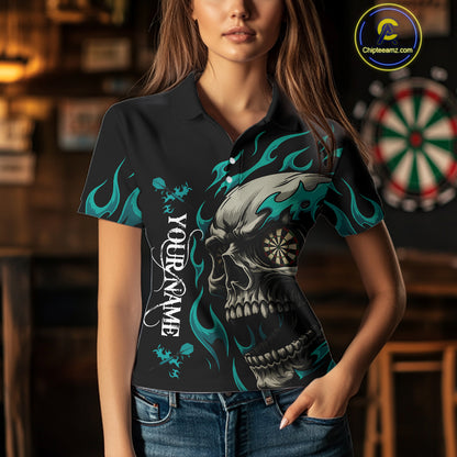 Personalized Turquoise Flaming Skull Darts Shirt For Women Custom Darts Jersey Team Polo & 1/4 Zip TDM4763