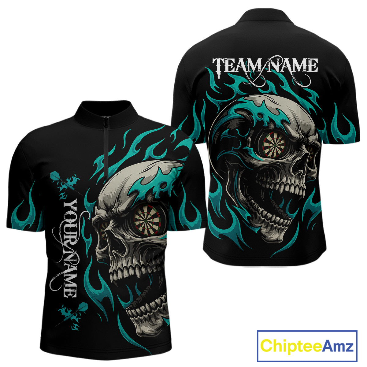 Personalized Turquoise Flaming Skull Darts Shirt For Men Custom Darts Jersey Team Polo & 1/4 Zip TDM4763
