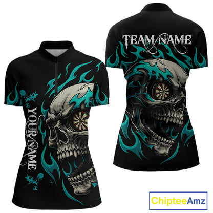 Personalized Turquoise Flaming Skull Darts Shirt For Women Custom Darts Jersey Team Polo & 1/4 Zip TDM4763