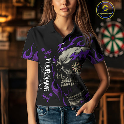 Personalized Purple Flaming Skull Darts Shirt For Women Custom Darts Jersey Team Polo & 1/4 Zip TDM4764
