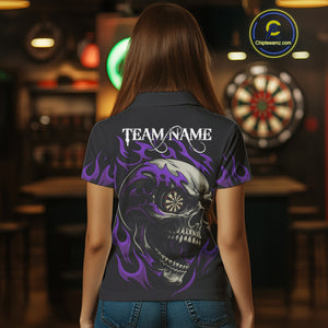 Personalized Purple Flaming Skull Darts Shirt For Women Custom Darts Jersey Team Polo & 1/4 Zip TDM4764