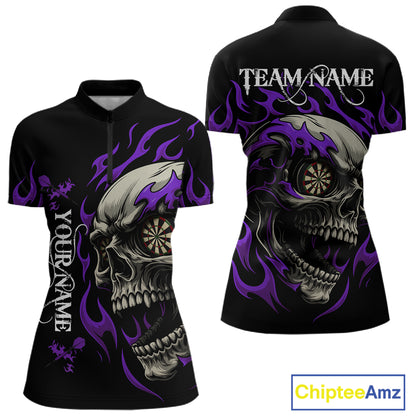 Personalized Purple Flaming Skull Darts Shirt For Women Custom Darts Jersey Team Polo & 1/4 Zip TDM4764