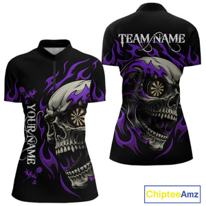 Personalized Purple Flaming Skull Darts Shirt For Women Custom Darts Jersey Team Polo & 1/4 Zip TDM4764