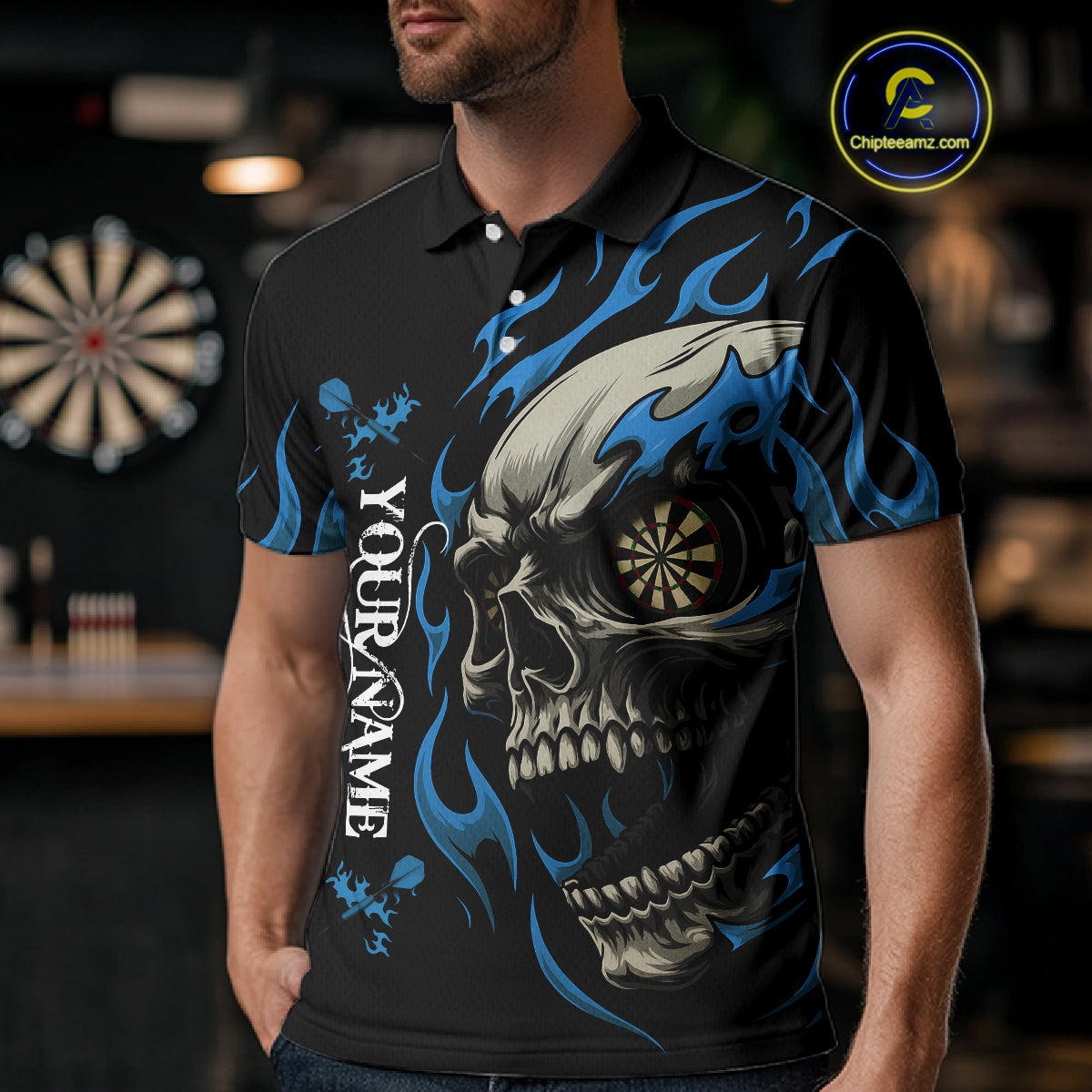 Personalized Blue Flaming Skull Darts Shirt For Men Custom Darts Jersey Team Polo & 1/4 Zip TDM4765
