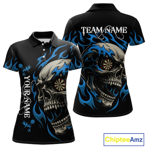Personalized Blue Flaming Skull Darts Shirt For Women Custom Darts Jersey Team Polo & 1/4 Zip TDM4765