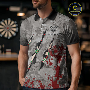 Custom Red Grey Grunge Dart Shirts With Pocket Option For Men, Darts Jersey TDM4179