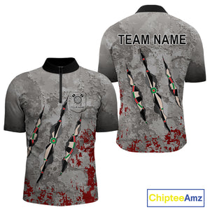 Custom Red Grey Grunge Dart Shirts With Pocket Option For Men, Darts Jersey TDM4179