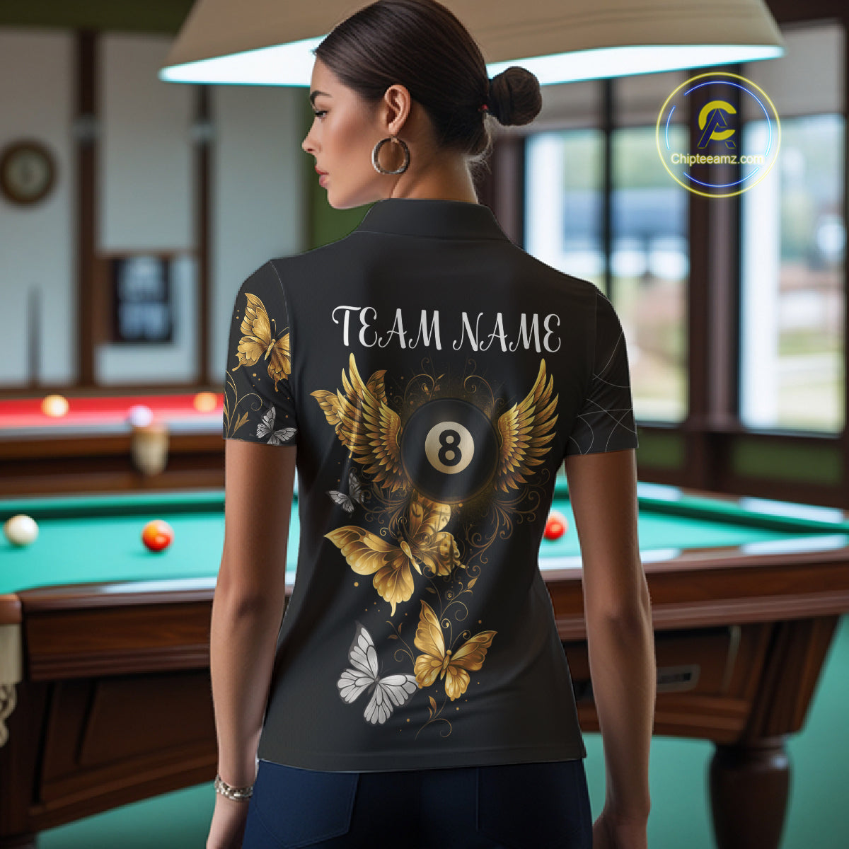 Personalized Golden 8 Ball Wings Butterflies Billiard Shirt For Women Custom Funny Pool Team Jersey TDM4777