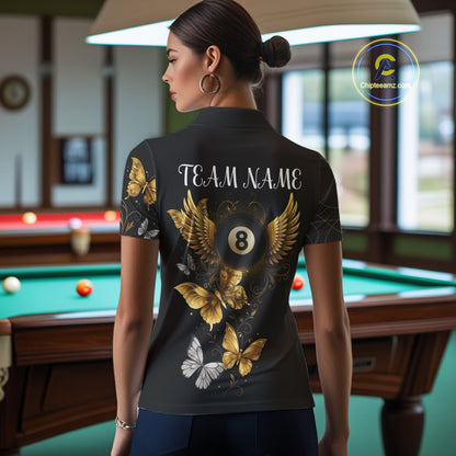 Personalized Golden 8 Ball Wings Butterflies Billiard Shirt For Women Custom Funny Pool Team Jersey TDM4777