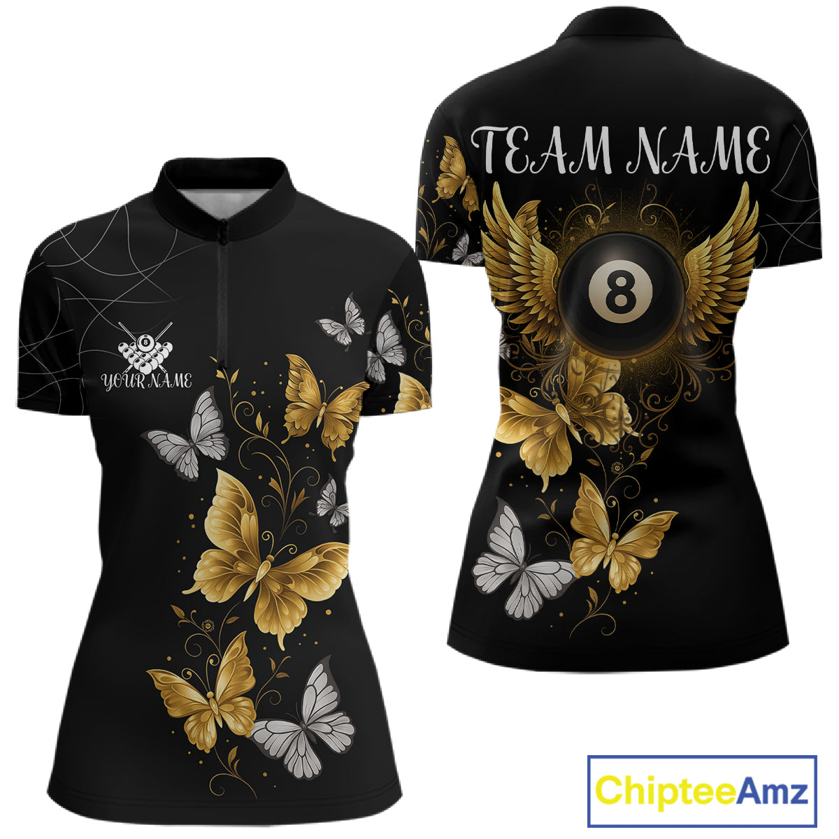 Personalized Golden 8 Ball Wings Butterflies Billiard Shirt For Women Custom Funny Pool Team Jersey TDM4777