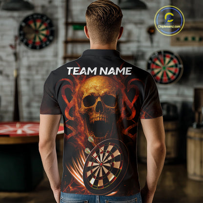 Custom Skull Fire Darts Jersey For Men, Black And Orange Darts Polo & Quarter Zip Team Shirt TDM4576