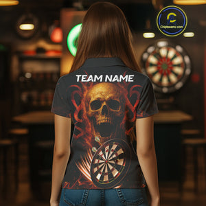 Custom Skull Fire Darts Jersey For Women, Black And Orange Darts Polo & Quarter Zip Team Shirt TDM4576
