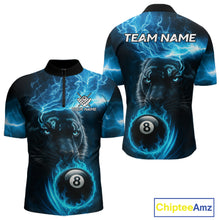 Load image into Gallery viewer, Custom Panther Billiard Polo &amp; 1/4 Zip For Men, Blue Flame 8 Ball Lightning Pool Team Jersey TDM4580