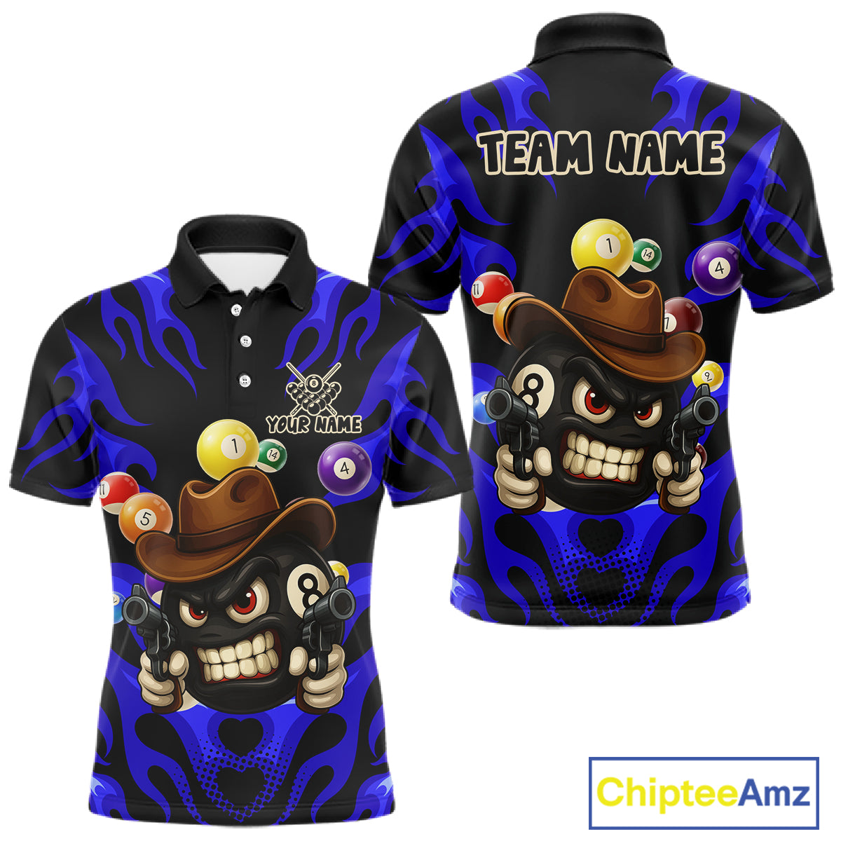 Personalized Blue Funny Flame 8 Ball Billiard Shirt For Men Custom Pool Team Jersey Polo & 1/4 Zip TDM4783