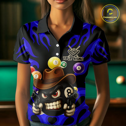 Personalized Blue Funny Flame 8 Ball Billiard Shirt For Women Custom Pool Team Jersey Polo & 1/4 Zip TDM4783