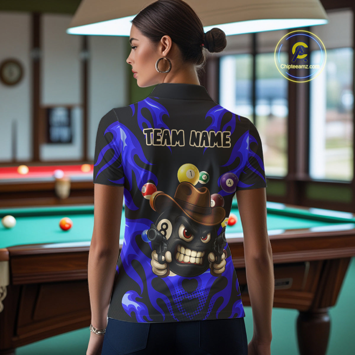 Personalized Blue Funny Flame 8 Ball Billiard Shirt For Women Custom Pool Team Jersey Polo & 1/4 Zip TDM4783