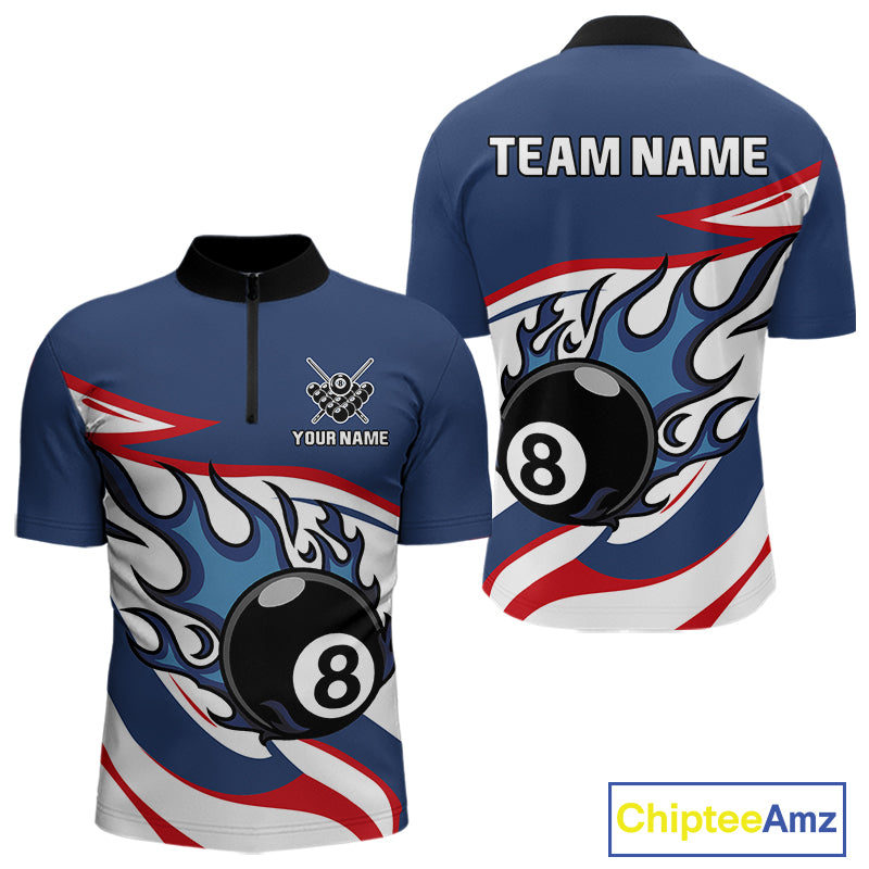Red, White And Blue 8 Ball Flame Billiard Shirt For Men Custom Billiard Team Jersey Polo & 1/4 Zip TDM4202