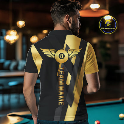 Black And Golden 8 Ball Wings Billiard Shirt For Men Custom Pool Team Jersey Polo & Quarter Zip TDM4203