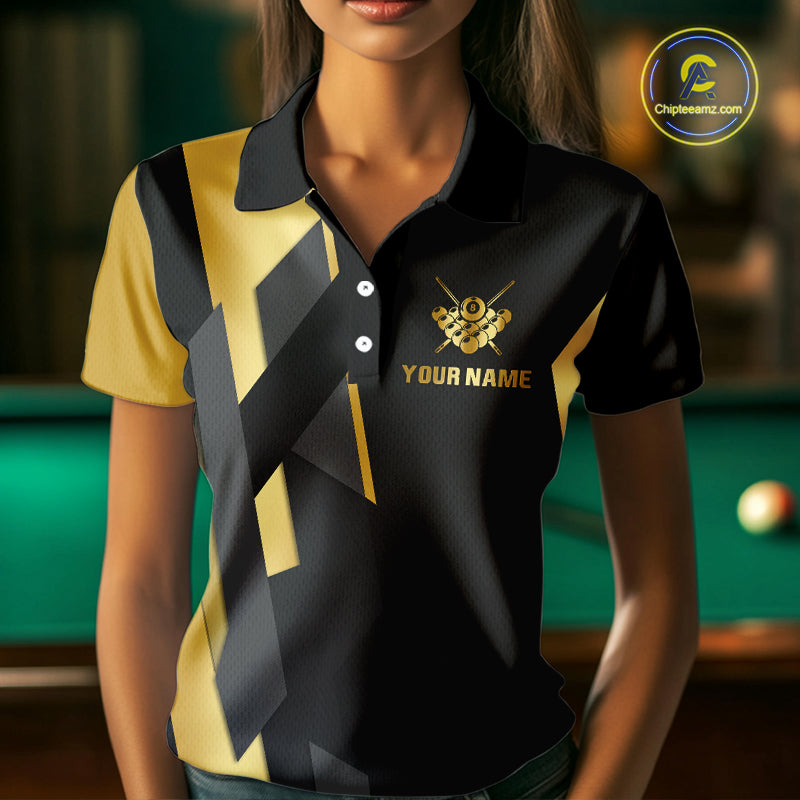 Black And Golden 8 Ball Wings Billiard Shirt For Women Custom Pool Team Jersey Polo & Quarter Zip TDM4203