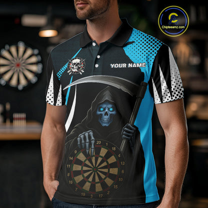 Personalized Blue Grim Reaper Dart Shirt For Men Custom Skull Dart Jerseys Team Polo & 1/4 Zip TDM4210