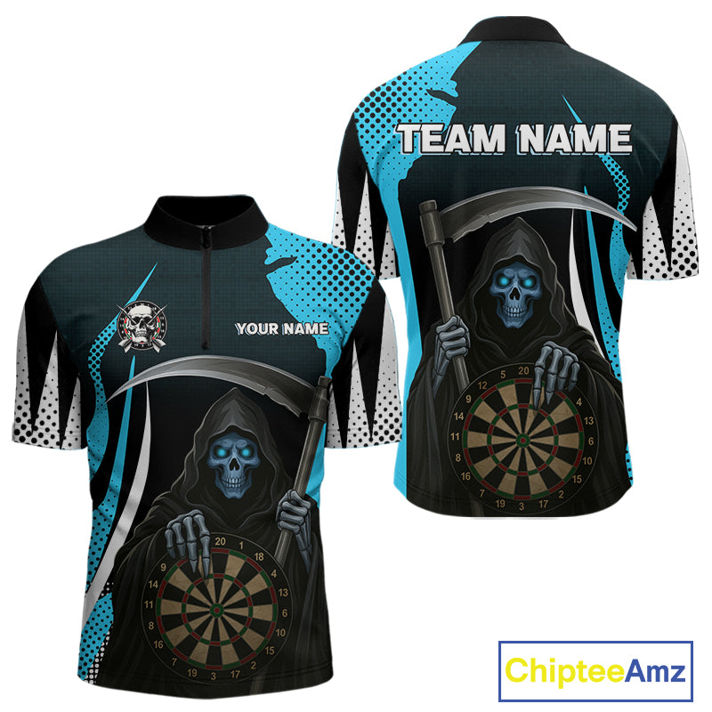 Personalized Blue Grim Reaper Dart Shirt For Men Custom Skull Dart Jerseys Team Polo & 1/4 Zip TDM4210