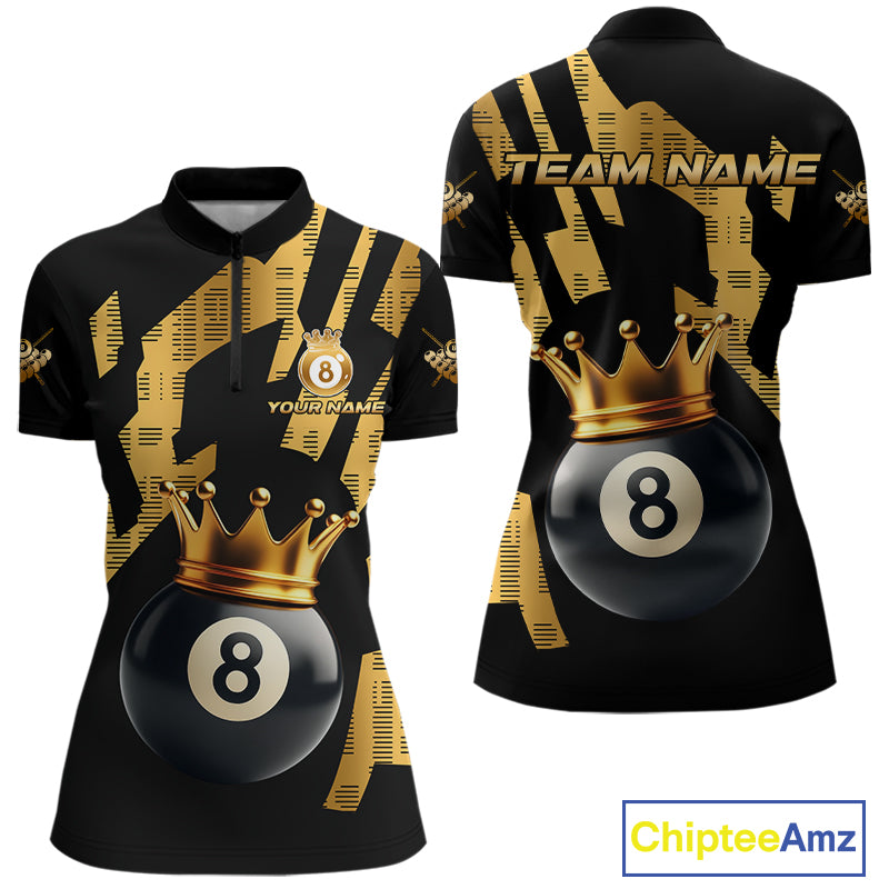 Black And Golden 8 Ball Crown Billiard Shirt For Women Custom Pool Team Jerseys Polo & Quarter Zip TDM4371