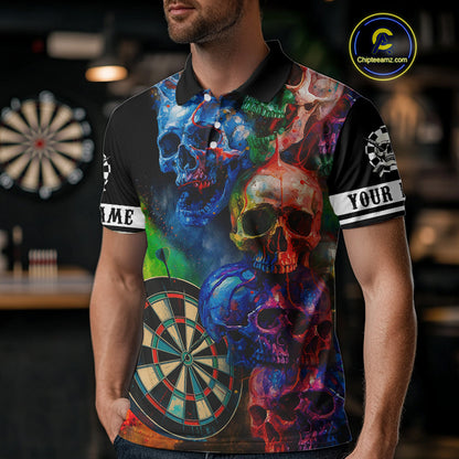 Funny Colorful Skull Darts Shirt For Men Custom Darts Team Jersey Polo & 1/4 Zip, Darts Outfit TDM4378