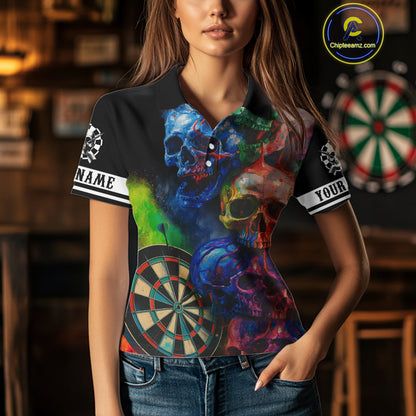 Funny Colorful Skull Darts Shirt For Women Custom Darts Team Jersey Polo & 1/4 Zip, Darts Outfit TDM4378