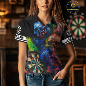 Funny Colorful Skull Darts Shirt For Women Custom Darts Team Jersey Polo & 1/4 Zip, Darts Outfit TDM4378