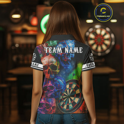 Funny Colorful Skull Darts Shirt For Women Custom Darts Team Jersey Polo & 1/4 Zip, Darts Outfit TDM4378