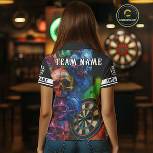 Funny Colorful Skull Darts Shirt For Women Custom Darts Team Jersey Polo & 1/4 Zip, Darts Outfit TDM4378