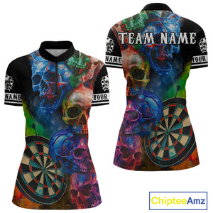 Funny Colorful Skull Darts Shirt For Women Custom Darts Team Jersey Polo & 1/4 Zip, Darts Outfit TDM4378