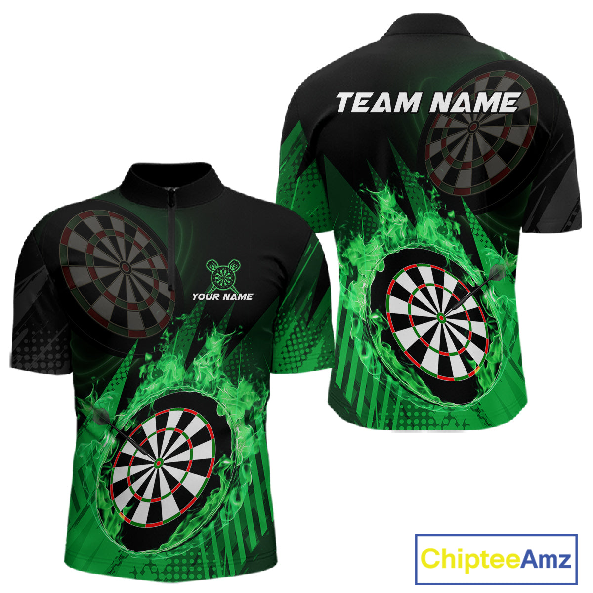 Green Dartboard Fire Flame Darts Shirt For Men Custom Darts Jersey, Dart Team Shirt Polo & 1/4 Zip TDM4799