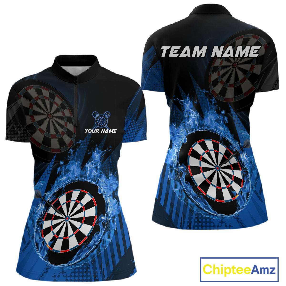Blue Dartboard Fire Flame Darts Shirt For Women Custom Darts Jersey, Dart Team Shirt Polo & 1/4 Zip TDM4800
