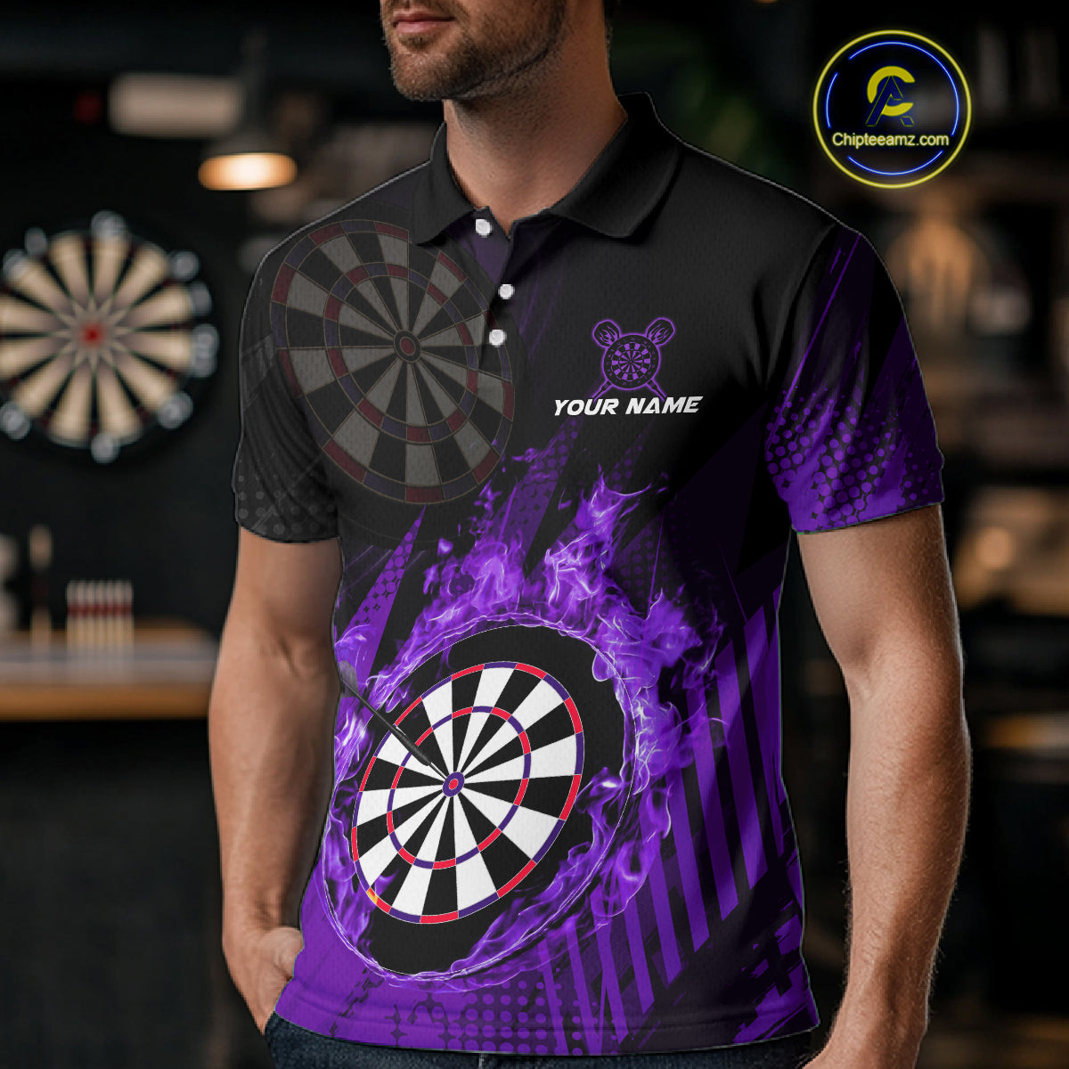 Purple Dartboard Fire Flame Darts Shirt For Men Custom Dart Jersey, Dart Team Shirt Polo & 1/4 Zip TDM4801