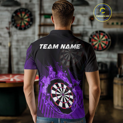Purple Dartboard Fire Flame Darts Shirt For Men Custom Dart Jersey, Dart Team Shirt Polo & 1/4 Zip TDM4801