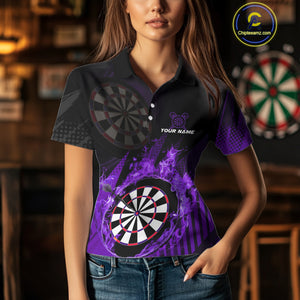 Purple Dartboard Fire Flame Darts Shirt For Women Custom Dart Jersey, Dart Team Shirt Polo & 1/4 Zip TDM4801