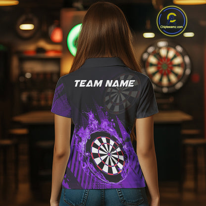 Purple Dartboard Fire Flame Darts Shirt For Women Custom Dart Jersey, Dart Team Shirt Polo & 1/4 Zip TDM4801