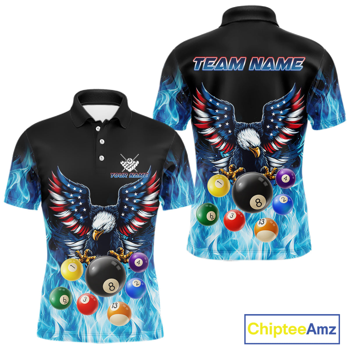 Personalized American Flag Eagle Billiard Ball Pool Shirt For Men Custom Billiard Team Jersey|Blue TDM4806
