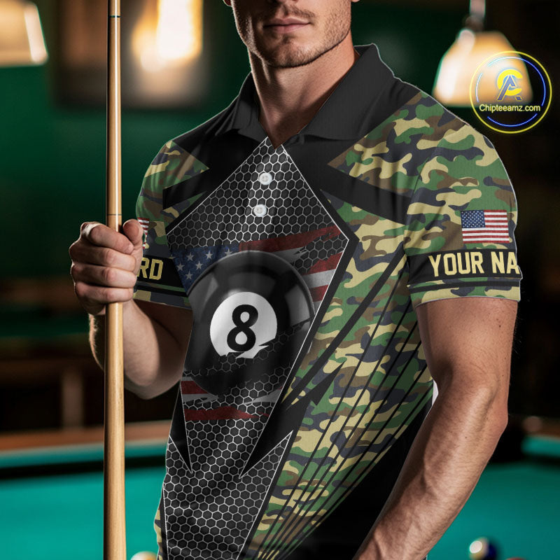 Military Green Camo 8 Ball Pool Billiard Shirt For Men Custom Patriotic US Flag Billiard Jerseys TDM4222